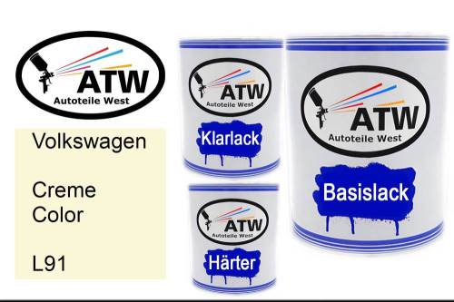 Volkswagen, Creme Color, L91: 1L Lackdose + 1L Klarlack + 500ml Härter - Set, von ATW Autoteile West.